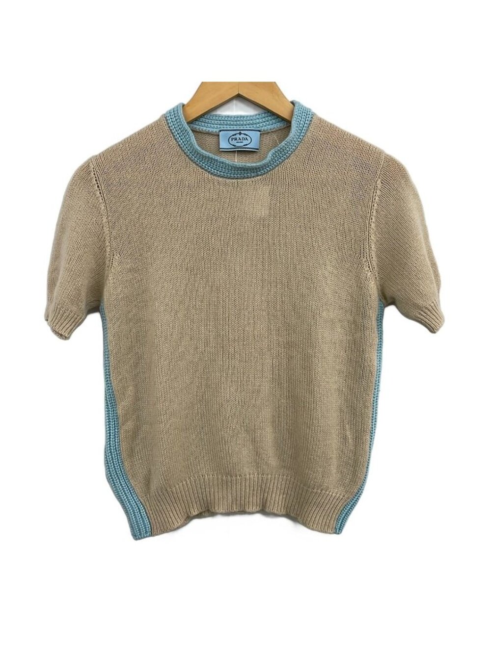 Prada Short Sleeve Sweater M Beige Light Blue Crew Neck Cashmere 40